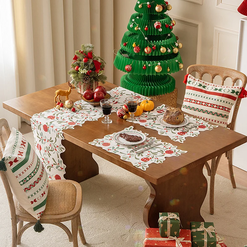Festlicher Tischläufer mit gewelltem Rand und botanischem Weihnachtsmotiv