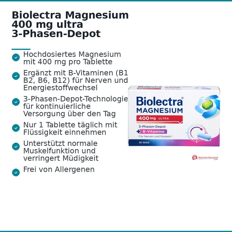 Biolectra Magnesium 400 mg Ultra 3-Phasen-Depot Magnesium / Vitamin B1 / Vitamin B2 / Vitamin B6 / Vitamin B12 Tabletten, 30 St.