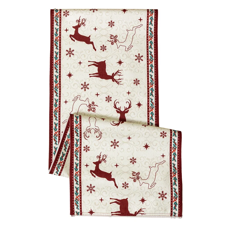 Weihnachts-Tischläufer mit Jacquard‑Rentiermotiven und dekorativem Bordürenrand