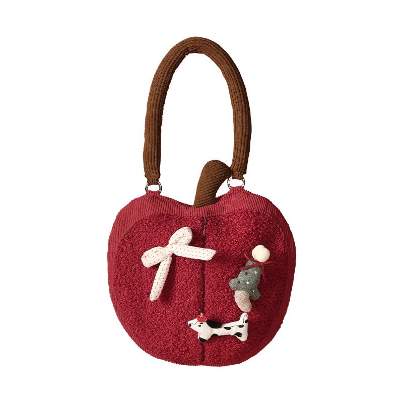 Wandhängende Taschentuch‑Tasche in Apfelform mit Griff, Plüsch‑Applikationen und Öffnung für Tücher