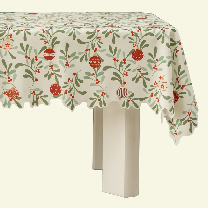Festliche Tischdecke mit gewelltem Saum und Mistelzweig‑Print