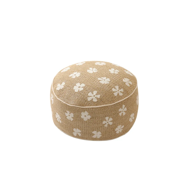 Runder handgewebter Pouf mit Blumendruck und gepolsterter Sitzfläche
