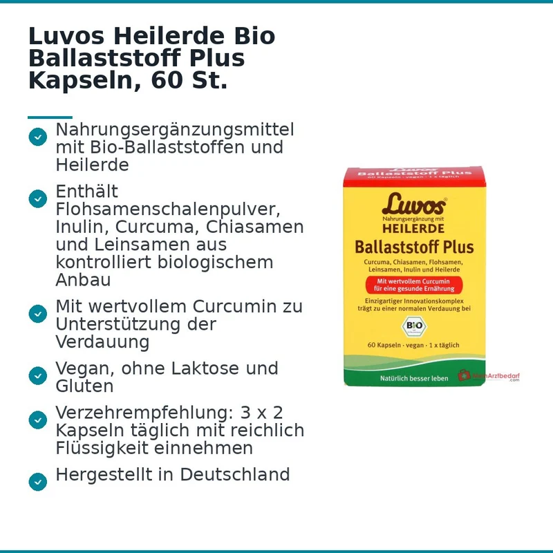 Luvos Heilerde Bio Ballaststoff Plus Flohsamenschalenpulver / Inulin / Curcuma Longa / Chiasamen / Leinsamenmehl Kapseln, 60 St.