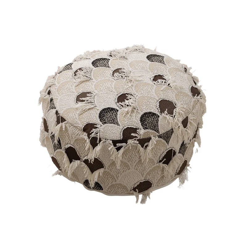 Runder gewebter Sitzpouf mit Boho‑Quasten und strukturierter Tuftoberfläche