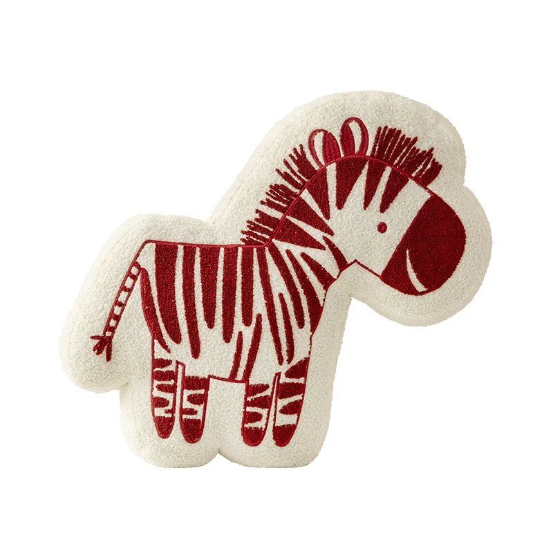 Geformtes Kinderzimmer-Dekokissen aus Teddyfleece mit gesticktem Zebra-Motiv und konturierter Silhouette