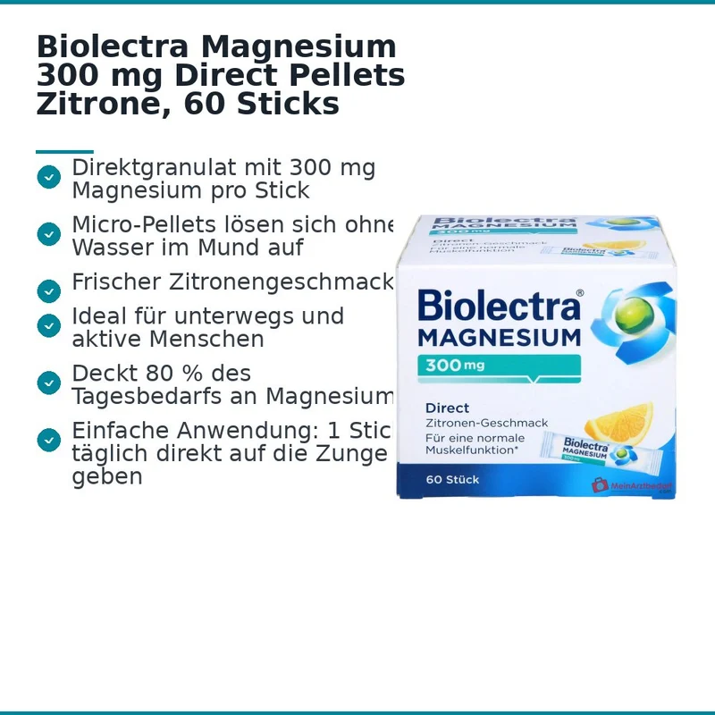 Biolectra Magnesium 300 mg Direct Magnesiumoxid Micro-Pellets Zitrone, 60 Sticks