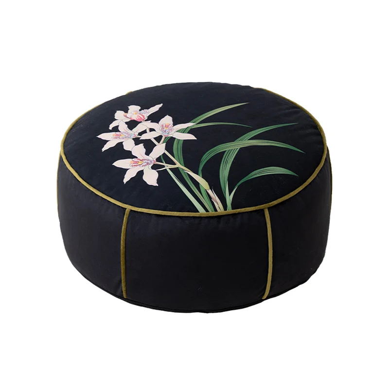 Runder Meditations- und Sitzpouf mit Orchideen-Print und dekorativer Paspelierung
