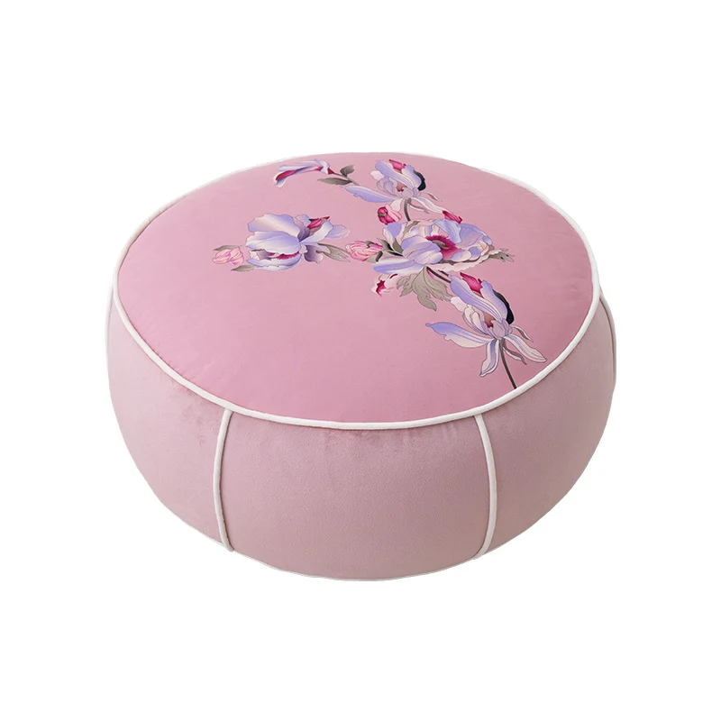 Runder Meditations- und Sitzpouf mit Orchideen-Print und dekorativer Paspelierung
