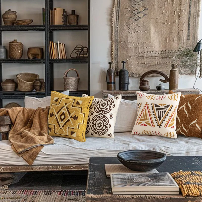 Besticktes Dekokissen im Boho‑Stil mit Bouclé‑Struktur und Füllkissen