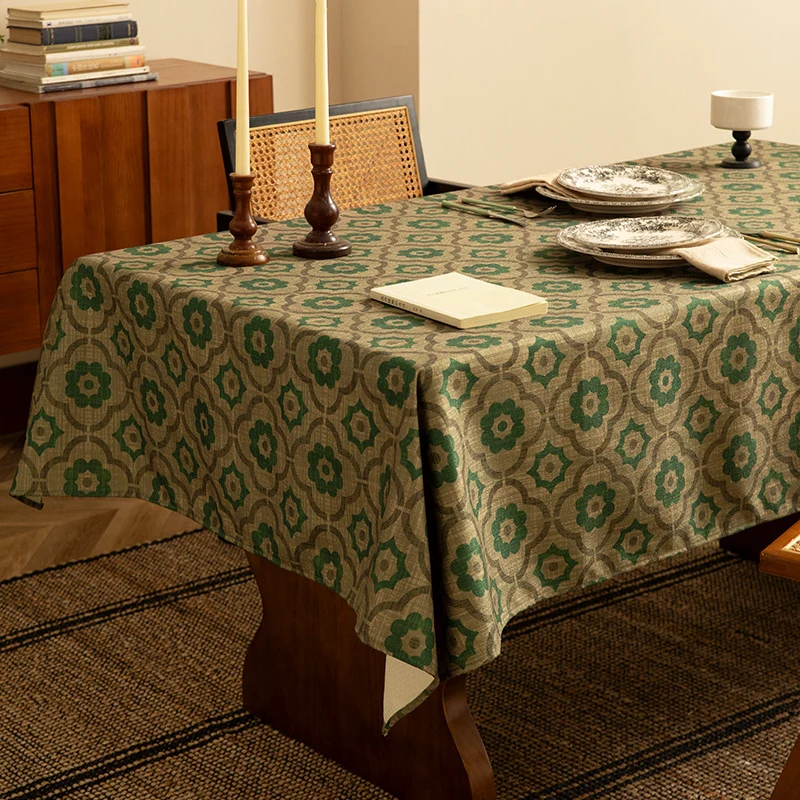 Gewebte rechteckige Tischdecke mit geometrischem Blumenmuster und Leinenoptik