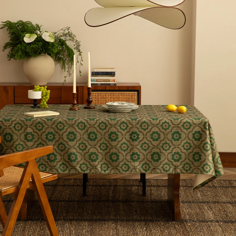 Gewebte rechteckige Tischdecke mit geometrischem Blumenmuster und Leinenoptik