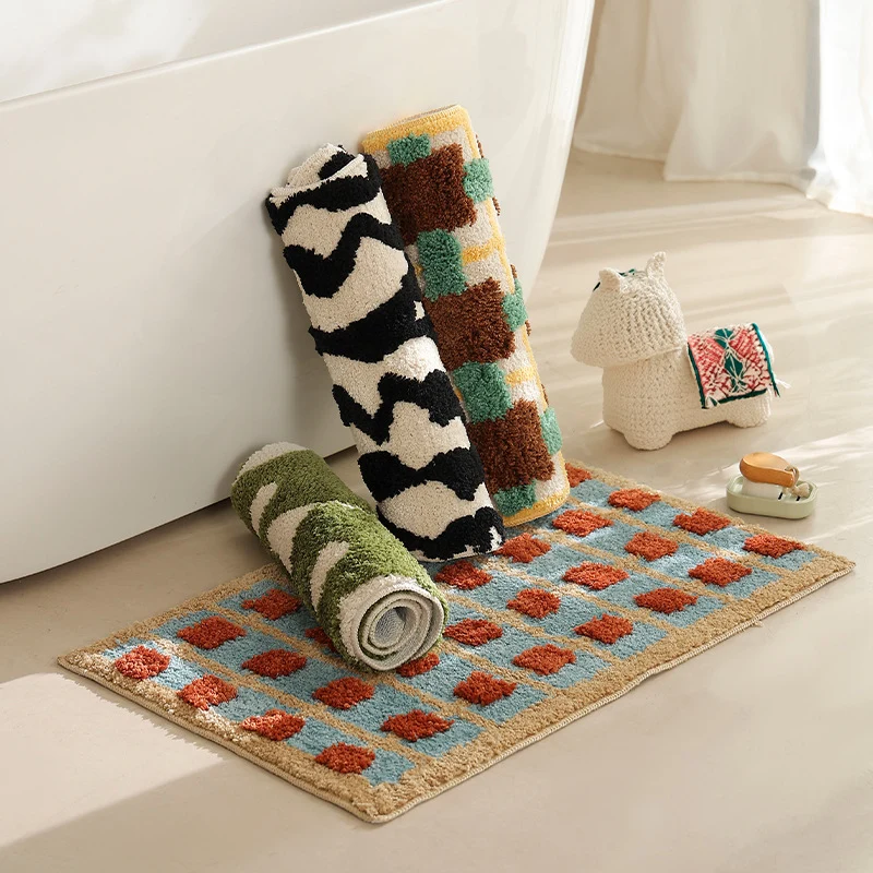 flauschige Bad- und Fußmatte aus Baumwoll-Tufting mit Retro-Karo-Muster
