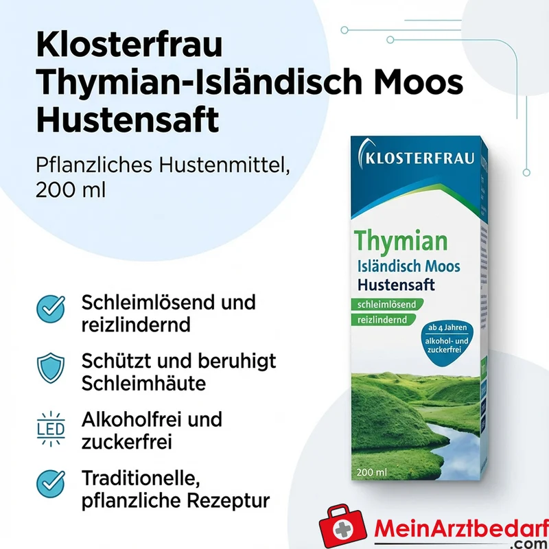 Klosterfrau Thymian-Isländisch Moos Hustensaft 200 ml, pflanzliches Hustenmittel, schleimlösend, reizlindernd, alkoholfrei, zuckerfrei