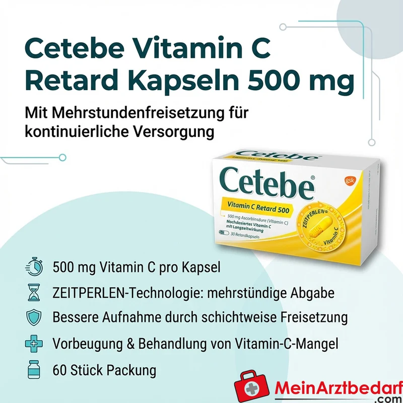 Cetebe Vitamin C Retard Kapseln 500 mg, 60 Stück – mit Mehrstundenfreisetzung