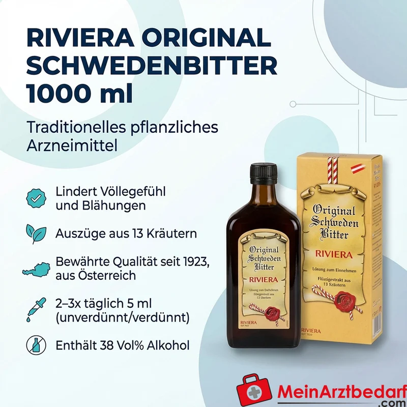 Riviera Original Schwedenbitter 1000 ml Arzneimittel bei Völlegefühl und Blähungen
