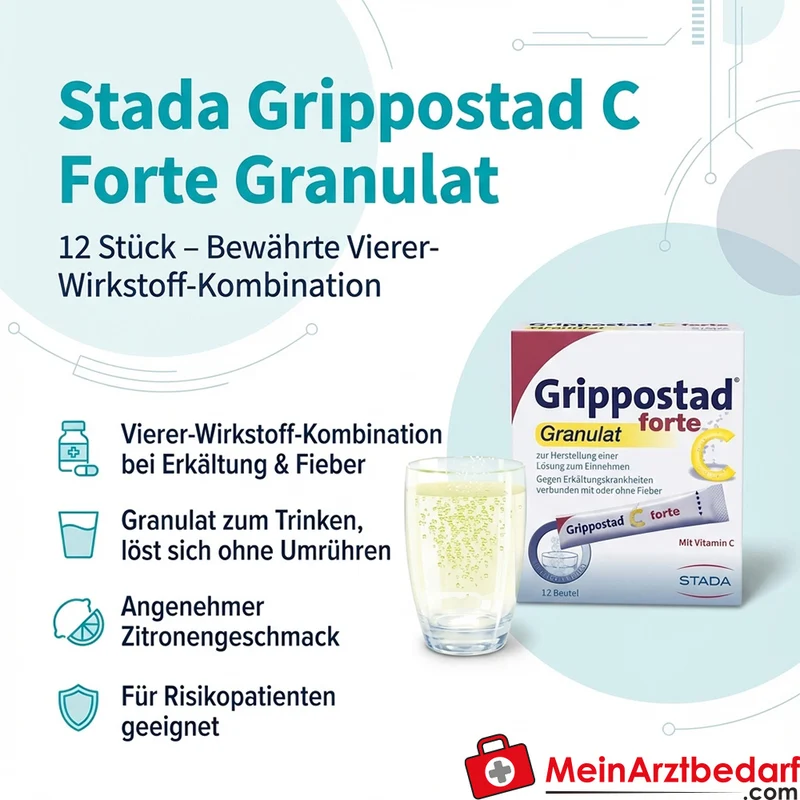 Stada Grippostad C Forte Granulat 12 Stück, Erkältung/Fiebersenkend, Paracetamol+Ascorbinsäure+Coffein+Chlorphenamin