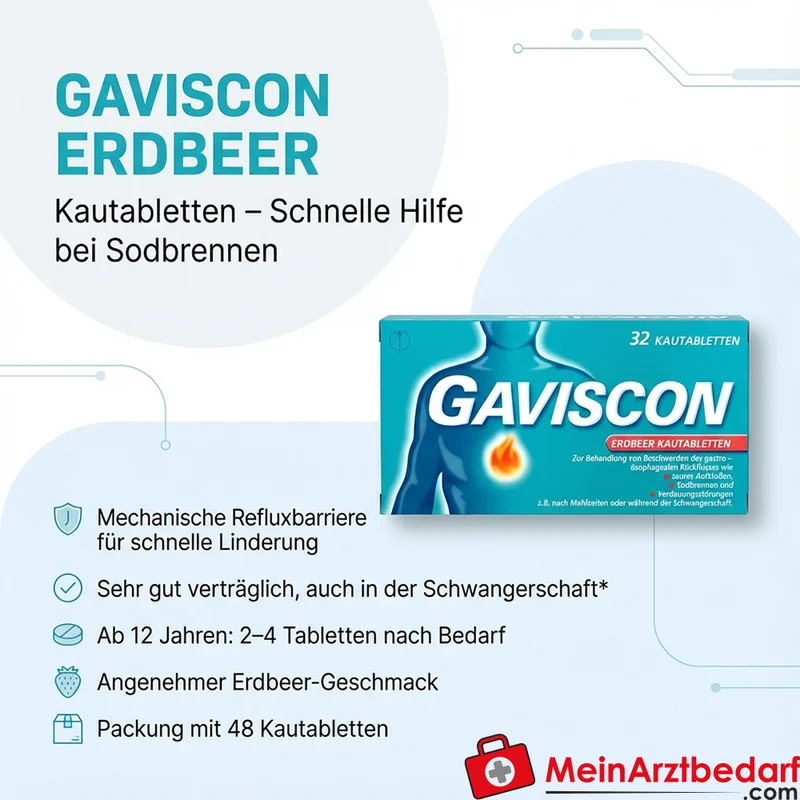 Gaviscon Erdbeer Kautabletten 48 Stück – bei Sodbrennen und saures Aufstoßen, ab 12 Jahren
