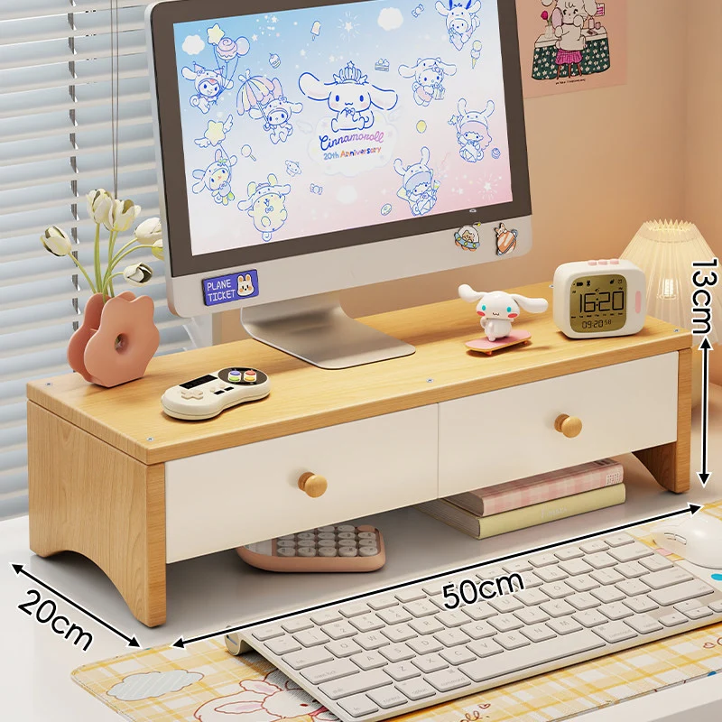Dual-Höhen Holz Monitorständer und Desktop-Organizer mit zwei Schubladen