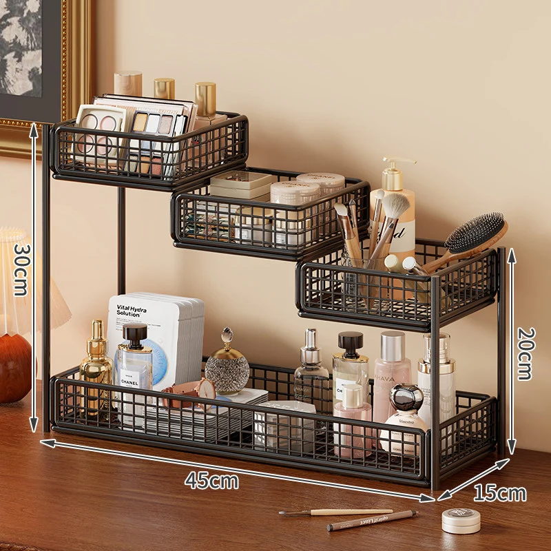 Mehrstufiger Mesh-Theken-Make-up- und Hautpflege-Organizer mit Taschenschlitz