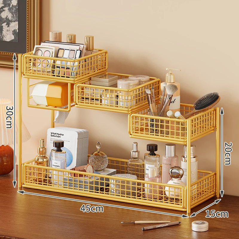 Mehrstufiger Mesh-Theken-Make-up- und Hautpflege-Organizer mit Taschenschlitz
