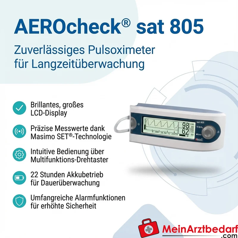 AEROcheck sat 805 Pulsoximeter Langzeitüberwachung LCD Li-Ion Akku 22h SpO2 Pulsalarm