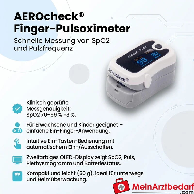 AEROcheck Finger-Pulsoximeter mit OLED-Display SpO2 70–99 % ±3 % Puls 30–235 bpm Ein-Finger-Anwendung