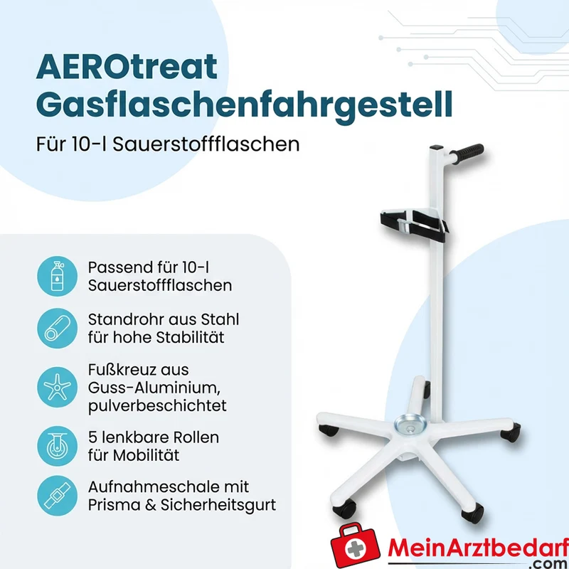 AEROtreat Gasflaschenfahrgestell 10 l Sauerstoff Stahlrohr Fußkreuz Guss‑Aluminium 5 lenkbare Rollen