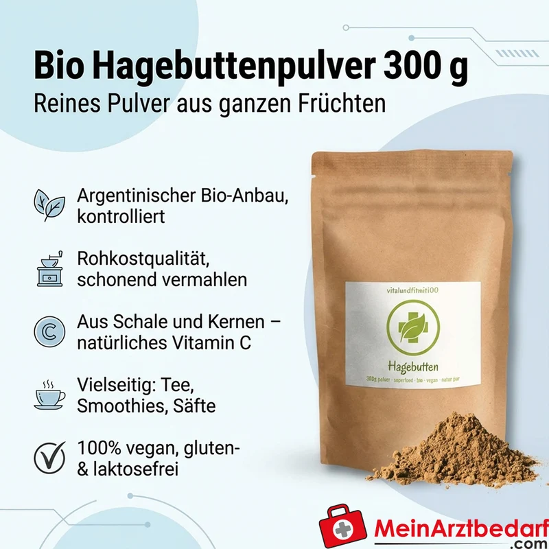 Hagebuttenpulver 300 g, Rohkostqualität aus ganzen Früchten, vegan