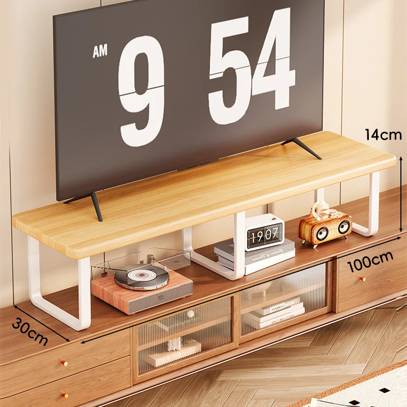 Breite Holz-TV-Ständer mit Metall-U-Beinen und erhöhter Ablage