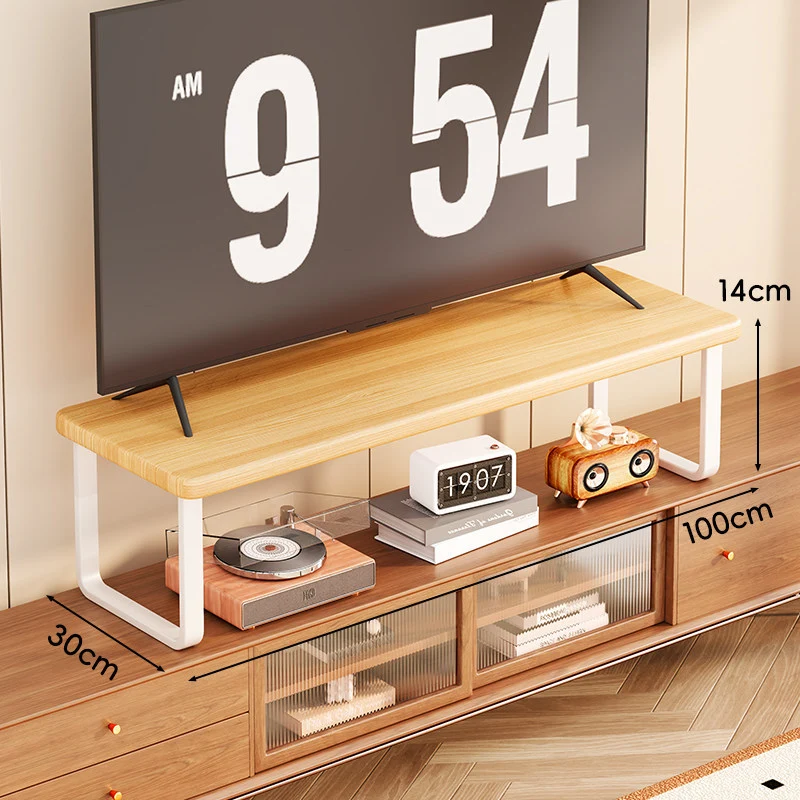 Breite Holz-TV-Ständer mit Metall-U-Beinen und erhöhter Ablage