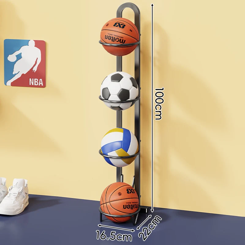 Vertikaler Sportball-Lagerregal mit vier Körben und schlankem Metallrahmen