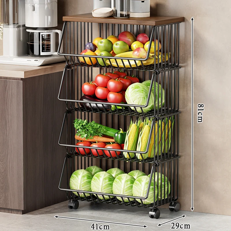 Multi-Ebenen Rollen Kücheneinkaufswagen für Obst und Gemüse mit Holzoberfläche