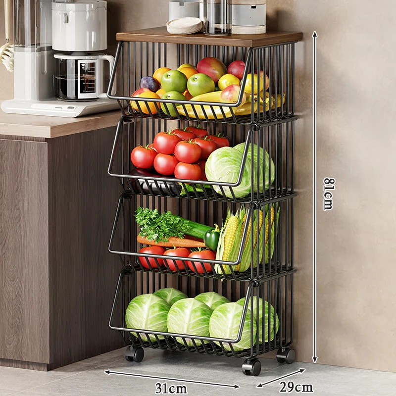 Multi-Ebenen Rollen Kücheneinkaufswagen für Obst und Gemüse mit Holzoberfläche