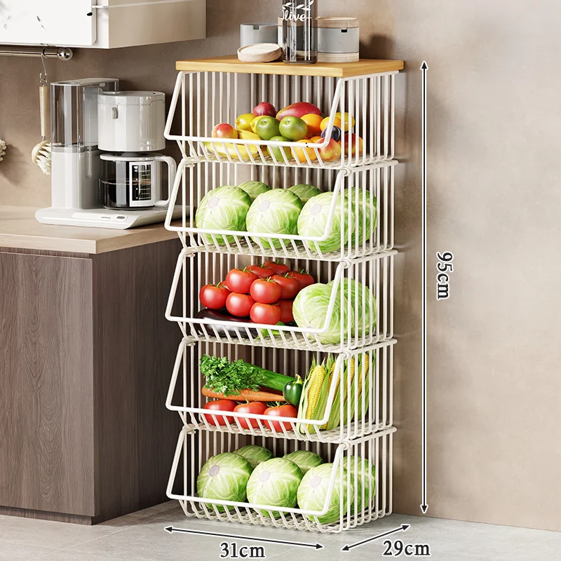 Multi-Ebenen Rollen Kücheneinkaufswagen für Obst und Gemüse mit Holzoberfläche