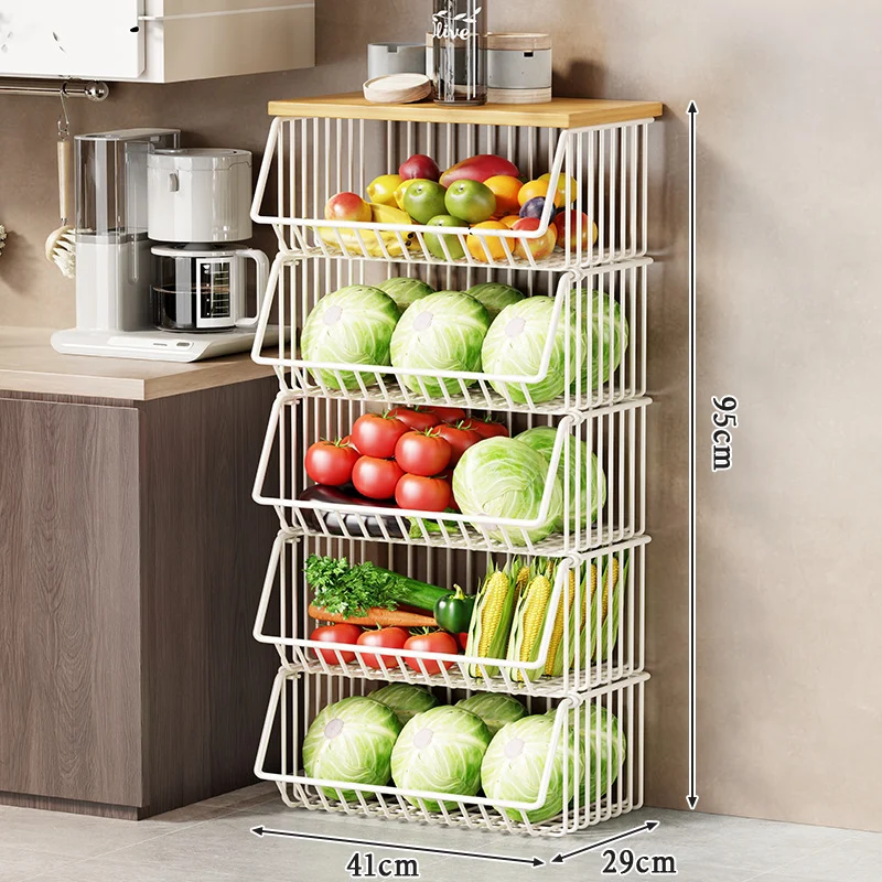 Multi-Ebenen Rollen Kücheneinkaufswagen für Obst und Gemüse mit Holzoberfläche