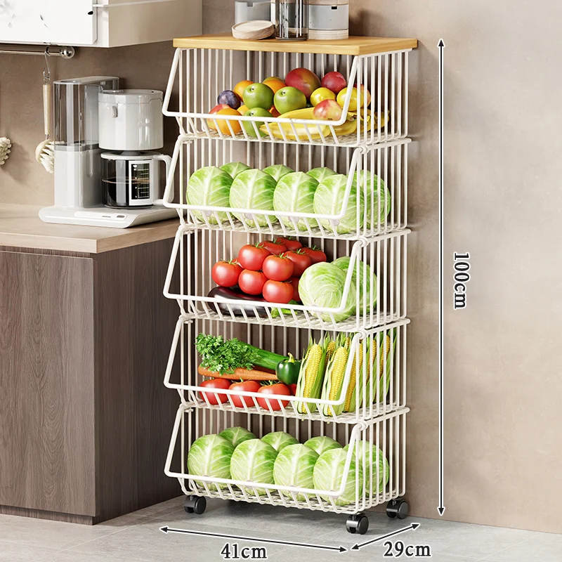 Multi-Ebenen Rollen Kücheneinkaufswagen für Obst und Gemüse mit Holzoberfläche
