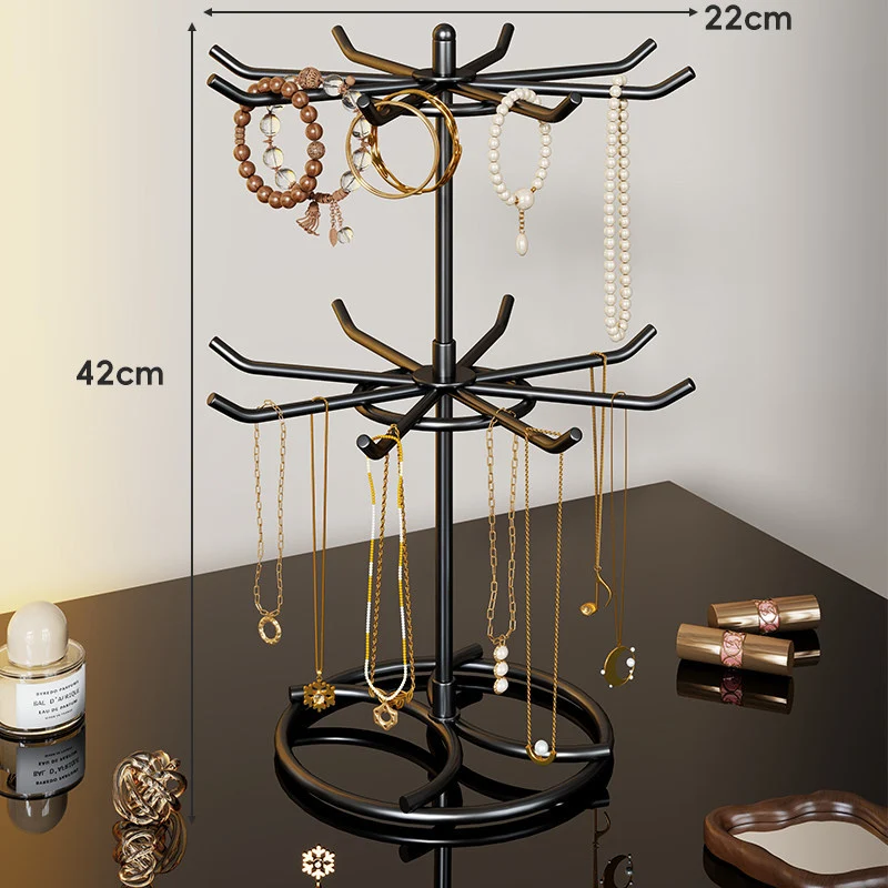 Rotierender gestufter Schmuckorganizer-Ständer mit Mehrarm-Haken und runden Ringtabletts