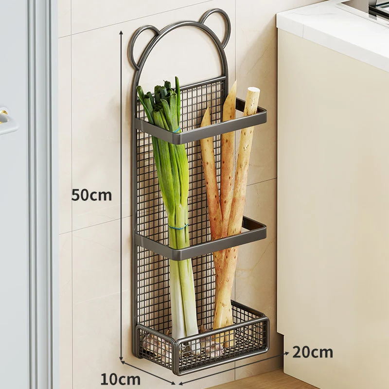 Wandmontierter vertikaler Netz-Obstlagerregal mit drei Etagenregalen und dekorativem Bärenohr-Top
