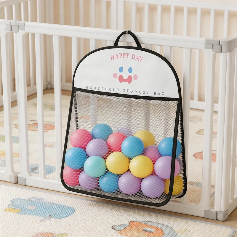 Wandmontierter atmungsaktiver Mesh-Spielzeugorganizer mit Haken