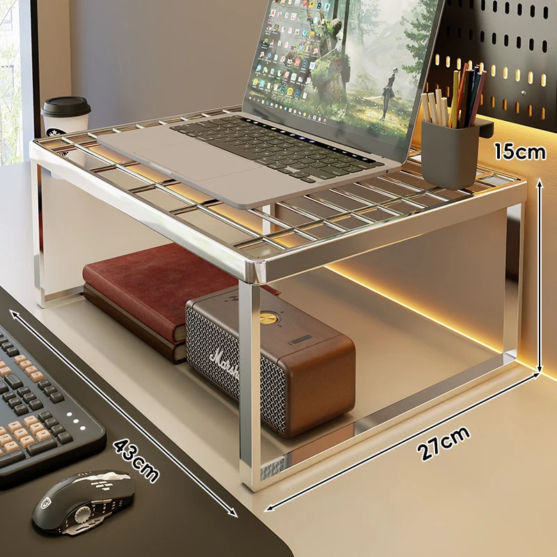 Belüftetes Metallgitter Laptop- und Monitorständer mit unterem Stauraumregal