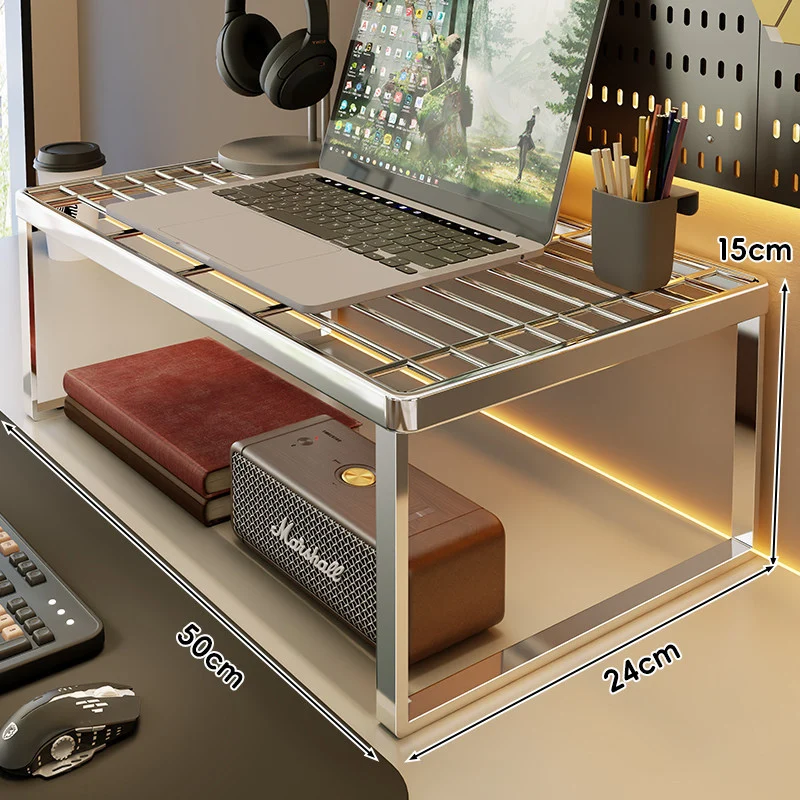 Belüftetes Metallgitter Laptop- und Monitorständer mit unterem Stauraumregal