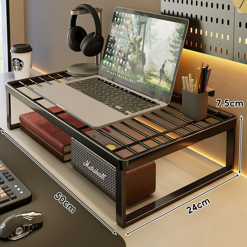 Belüftetes Metallgitter Laptop- und Monitorständer mit unterem Stauraumregal