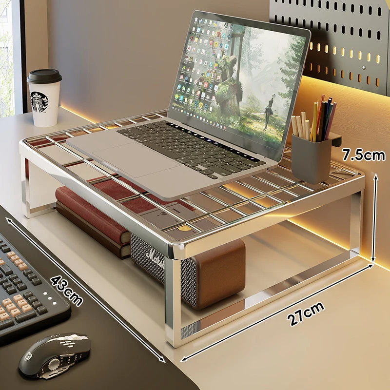 Belüftetes Metallgitter Laptop- und Monitorständer mit unterem Stauraumregal