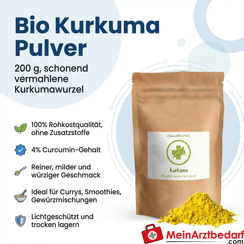 Kurkuma Pulver 200 g 4% Curcumin Rohkostqualität, fein vermahlen