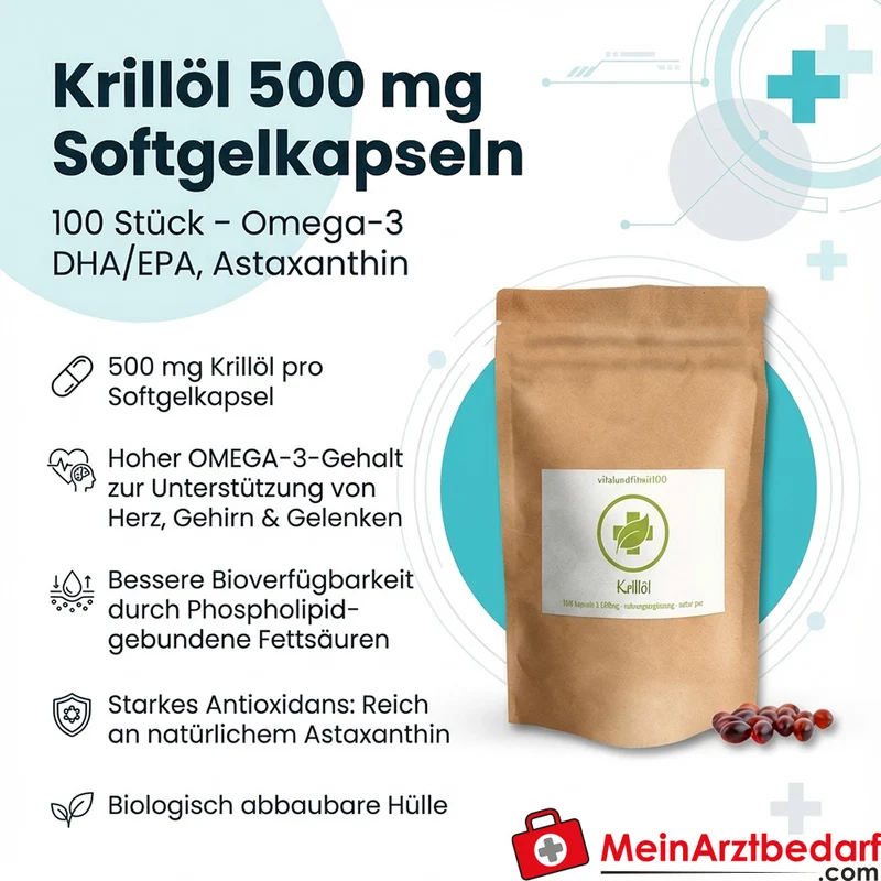 Krillöl 500 mg Softgelkapseln 100 Stück (Omega-3 DHA/EPA, Astaxanthin)
