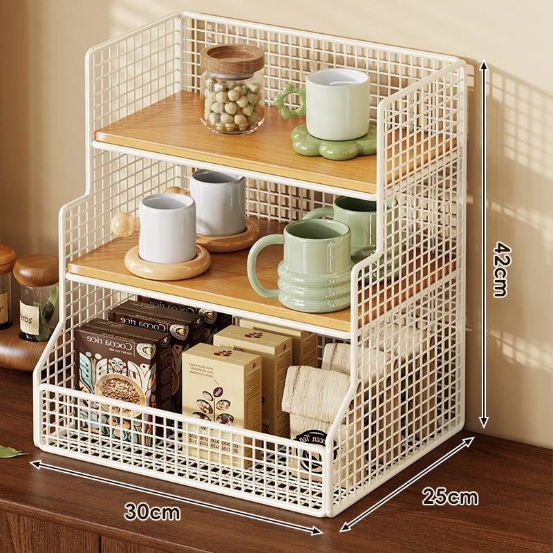 Drei-Tier-Theken-Drahtgeflecht-Regal-Organizer mit Bambusregalen