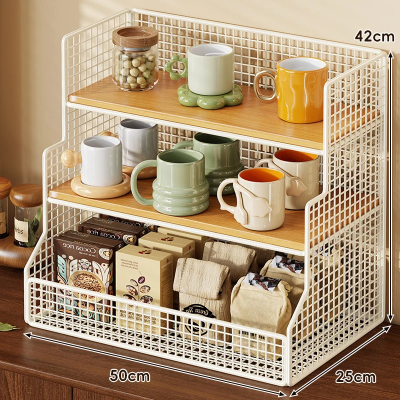 Drei-Tier-Theken-Drahtgeflecht-Regal-Organizer mit Bambusregalen