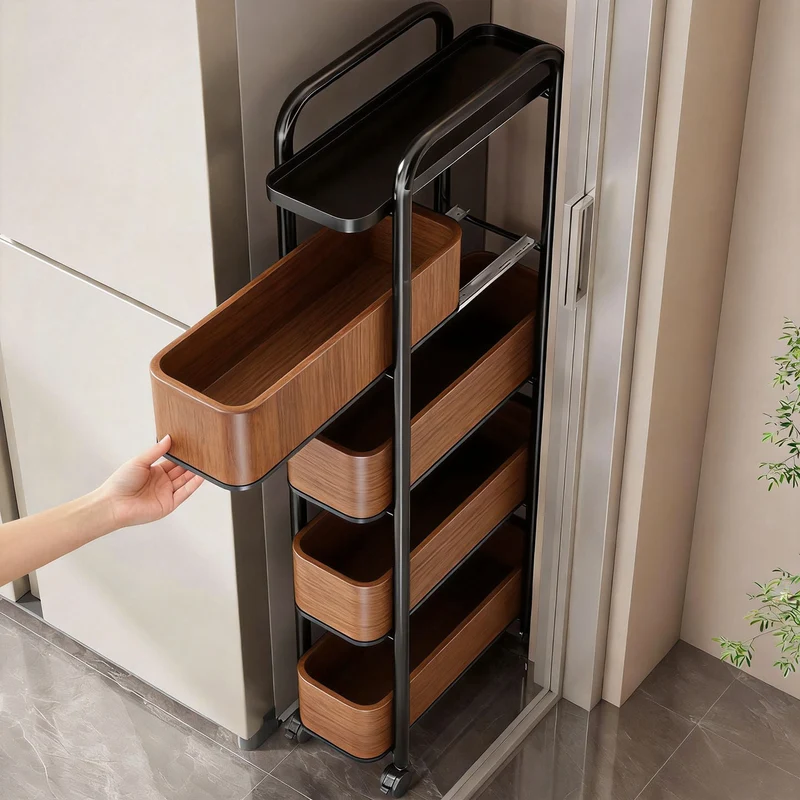 Slim Sliding Vorratswagen mit gelochten ausziehbaren Netzkorb und feststellbaren Rollen