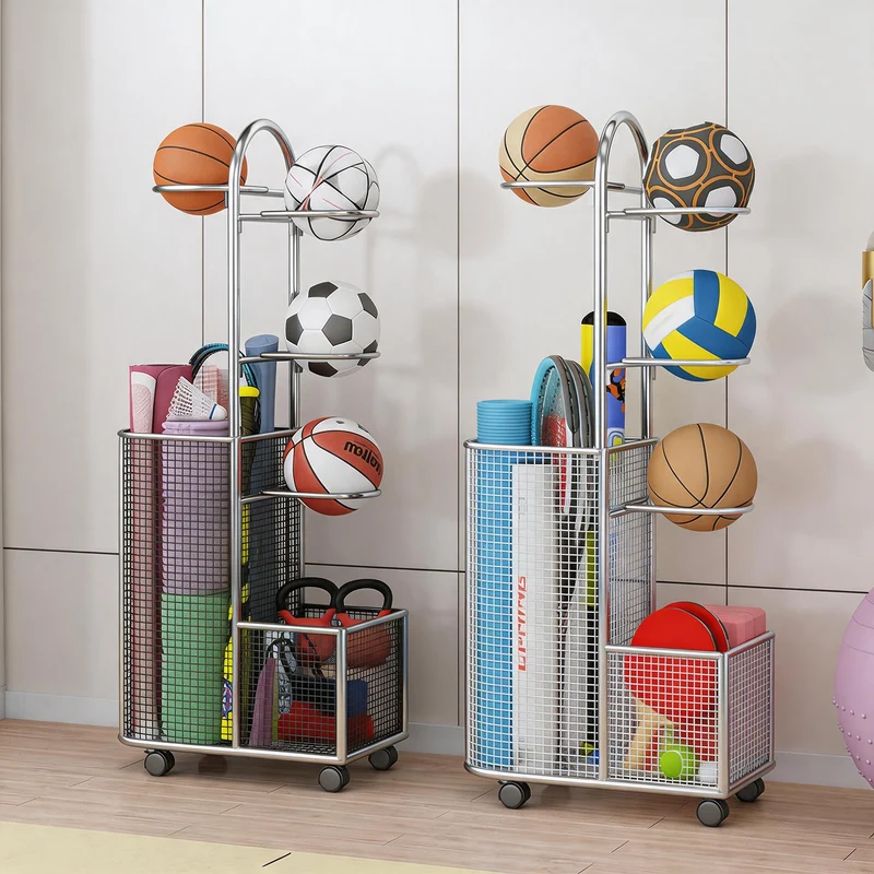 Rolling Sports Equipment Organizer Cart mit Ballhaltern und Mesh-Aufbewahrungskörben