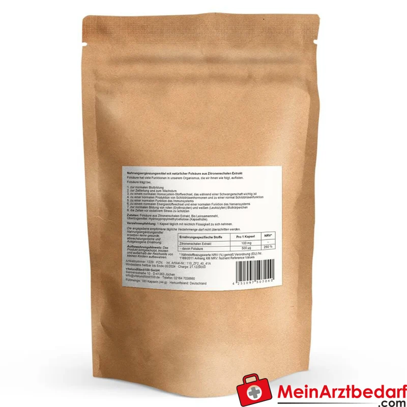 Folsäure Kapseln 500 µg aktives Folat aus Zitronenschalen‑Extrakt